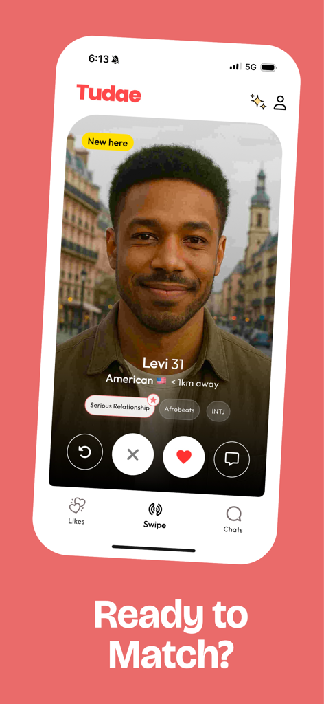 Tudae - Meet, Explore and Date - Tudae dating app screen showing a user profile with swiping and messaging options