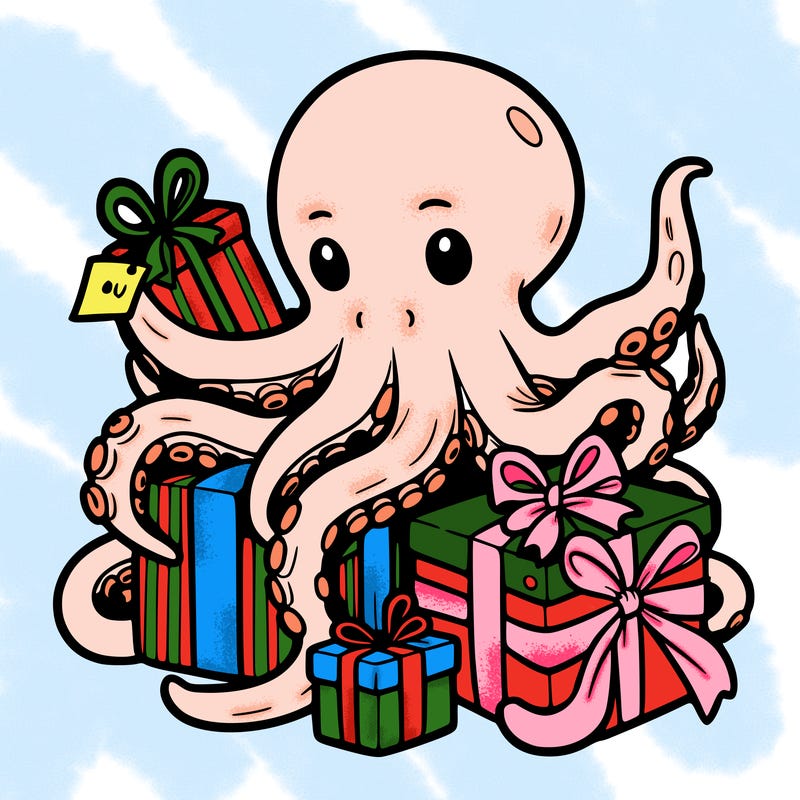an octopus wrapping gifts