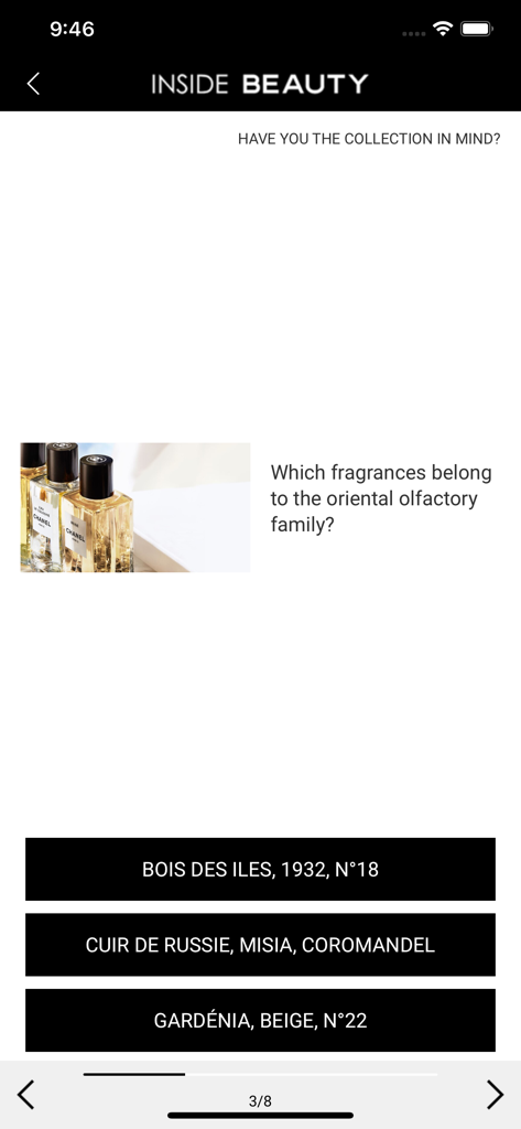 Inside Beauty - Quiz de formação de famílias olfativas da aplicação Inside Beauty