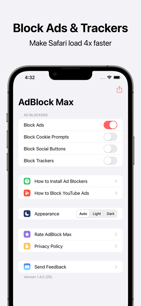 AdBlock Max - AdBlock Max app interface on iPhone showing settings to block ads trackers and cookie prompts