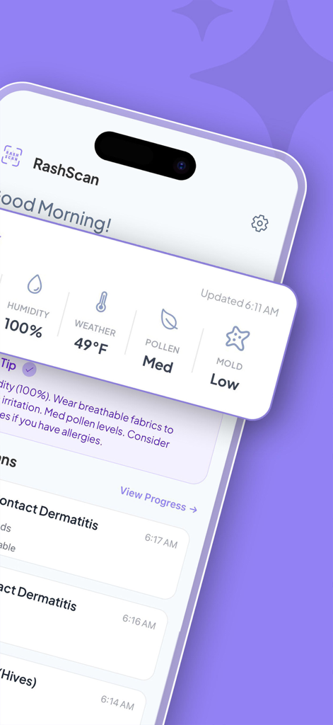 Rash Scan app interface displaying environmental factors like pollen and mold alongside skin analysis results