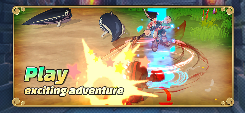 Escena de juego de acción de SealM on CROSS con un personaje luchando contra lindos monstruos de dibujos animados