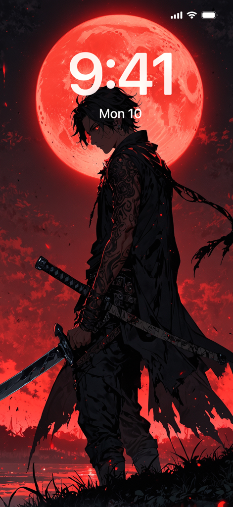 An anime samurai with tattoos and a sword standing in front of a giant red moon on a phone lock screen