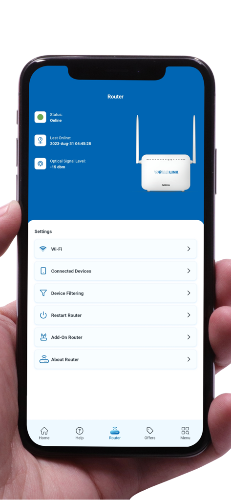 myWorldLink - Smartphone screen displaying myWorldLink app router management settings and status