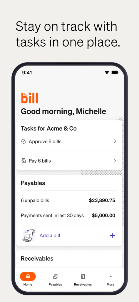 BILL AP & AR Business Payments - BILL mobile app dashboard displaying business payment tasks and payables summary.