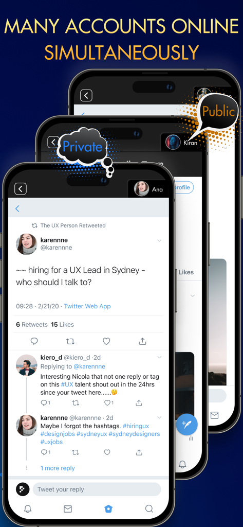 Parallel Space: Dual Account - Screenshot of the Parallel Space app showing multiple social media accounts running simultaneously on an iPhone with private and public labels