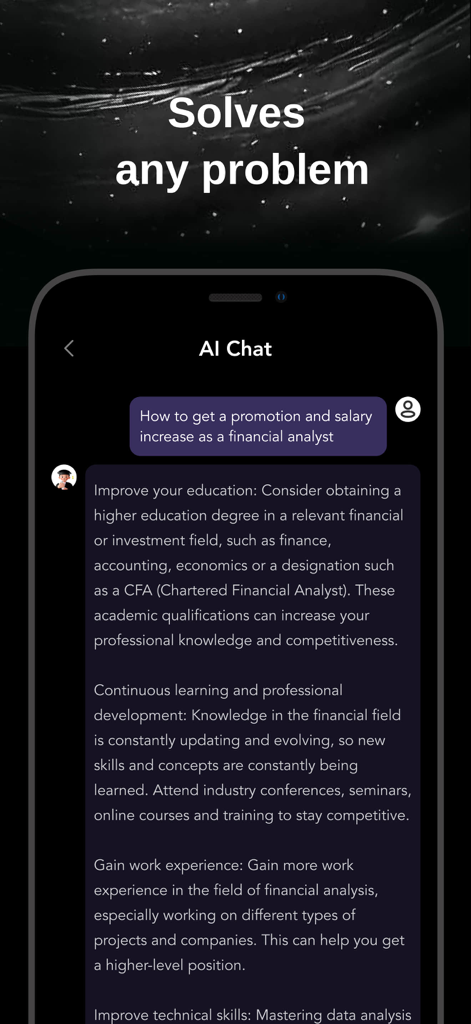 Chatbot de IA brindando asesoramiento para el avance profesional a un analista financiero en una interfaz de aplicación móvil