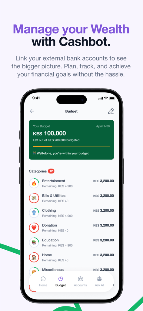 Peer - the everything app. - Peerアプリの富管理と予算機能が表示されたモバイル画面。