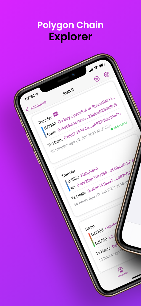 Mobile app interface showing a list of Polygon network transactions with details like coin names and transaction hashes