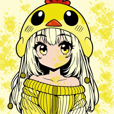anime girl with chick shaped hat with sweater with bare shoulders with bangs covering them one eye with low tail