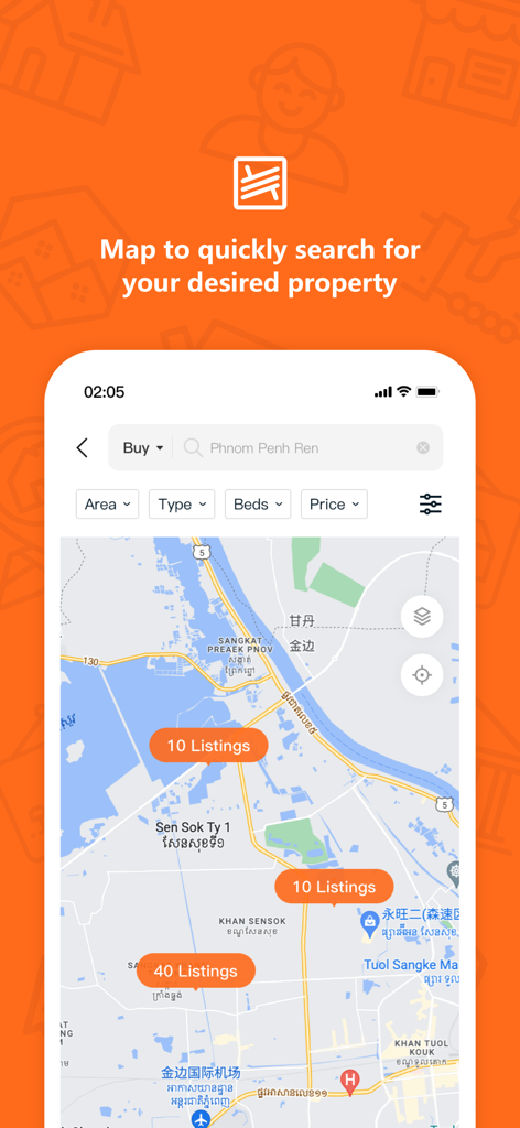 Compass Home - Compass Home app screen showing a map interface with property listing counts and search filters