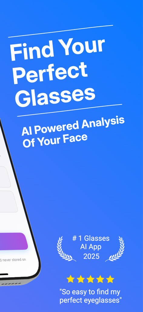 FrameStyler app screenshot showing AI powered face analysis for finding perfect eyeglasses