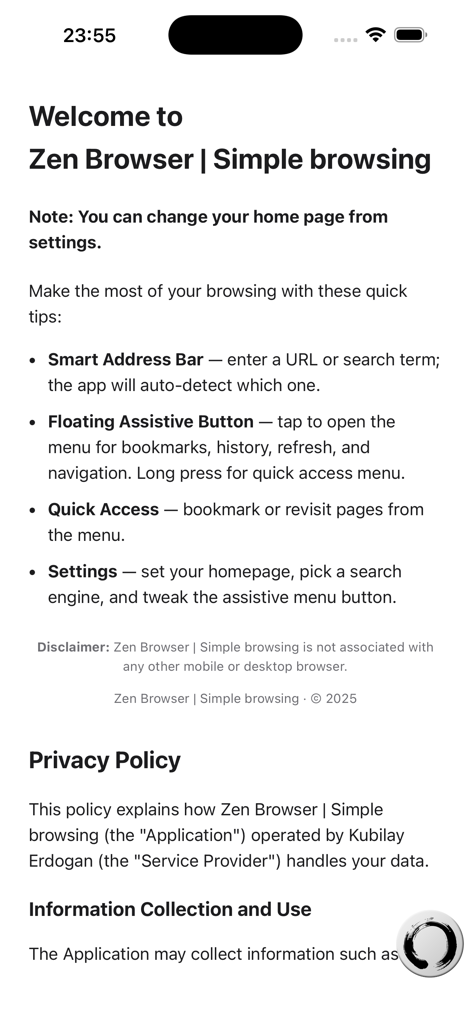 Zen Browser Willkommensbildschirm mit minimalistischen Funktionen und Datenschutzrichtlinien