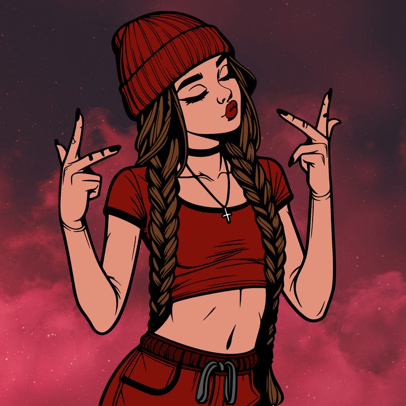 realistic teenage girl with braids and a beanie and crop top doing 🫶🏼