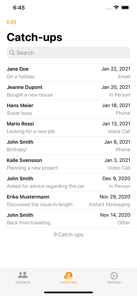Oberfläche der Kontaktr-App, die eine Liste der letzten Treffen mit Kontaktnamen, Interaktionsdaten und kurzen Notizen anzeigt.