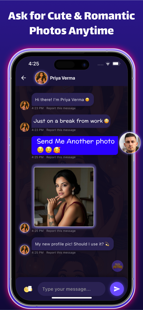 Ein mobiler Bildschirm, der eine Chat-Oberfläche zeigt, auf der ein Benutzer ein benutzerdefiniertes Foto von seiner KI-Freundin erhält