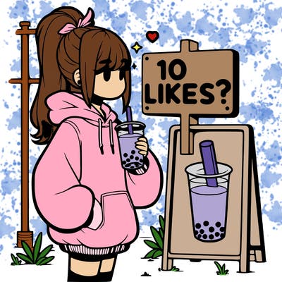 girl with oversized hoodie drinking boba and she has a high ponytail with a sign that says 10likes?