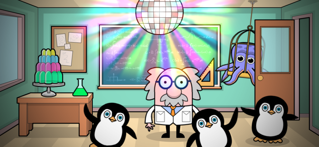 Bash the Teacher! School Prank - 科学の教室で、踊るペンギンとディスコボールと一緒にいるバンプラフ教授。
