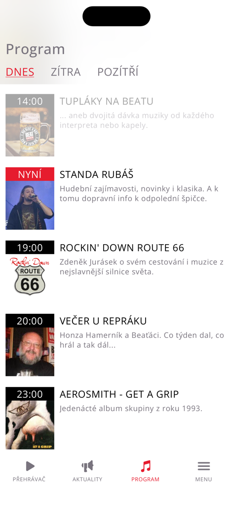 Radio Beat - Grade de programação diária do aplicativo Radio Beat com segmentos de música classic rock e horários de shows