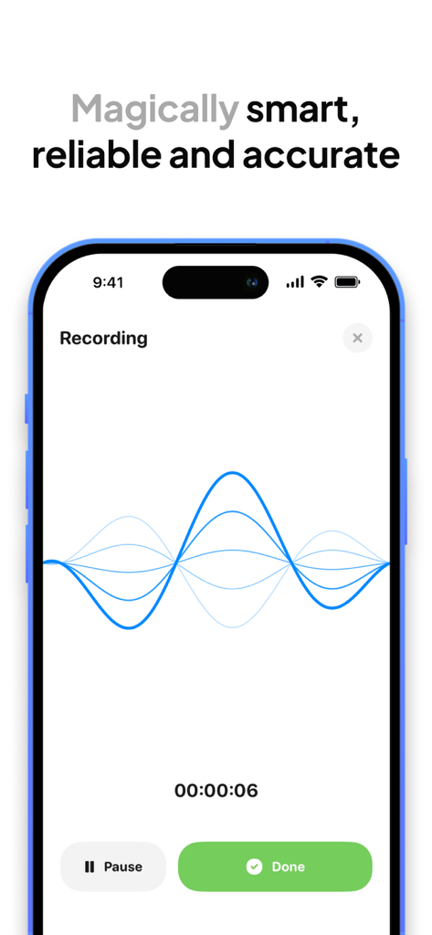 AI Transcribe app screen showing a voice recording in progress with a blue waveform visualization