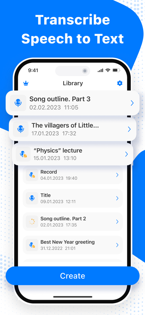 Interface do aplicativo Transcribe exibindo uma biblioteca de gravações de áudio em um iPhone