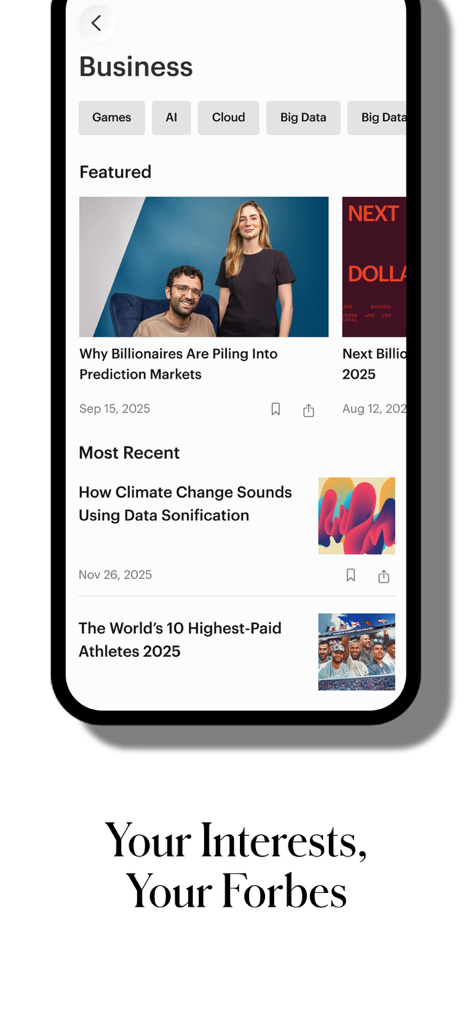 Forbes - Feed de noticias de negocios de la app Forbes con artículos destacados y etiquetas de temas