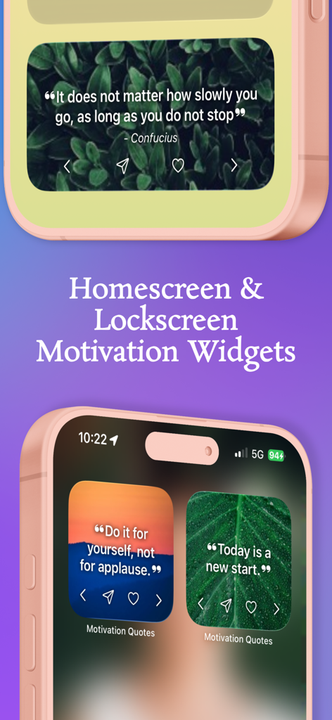 iOSホーム画面とロック画面のウィジェット、モチベーショナル・クォーツとアファメーション、美的背景を表示