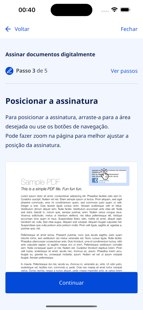 A smartphone screen from the gov.pt app showing a sample PDF with a digital signature being positioned.