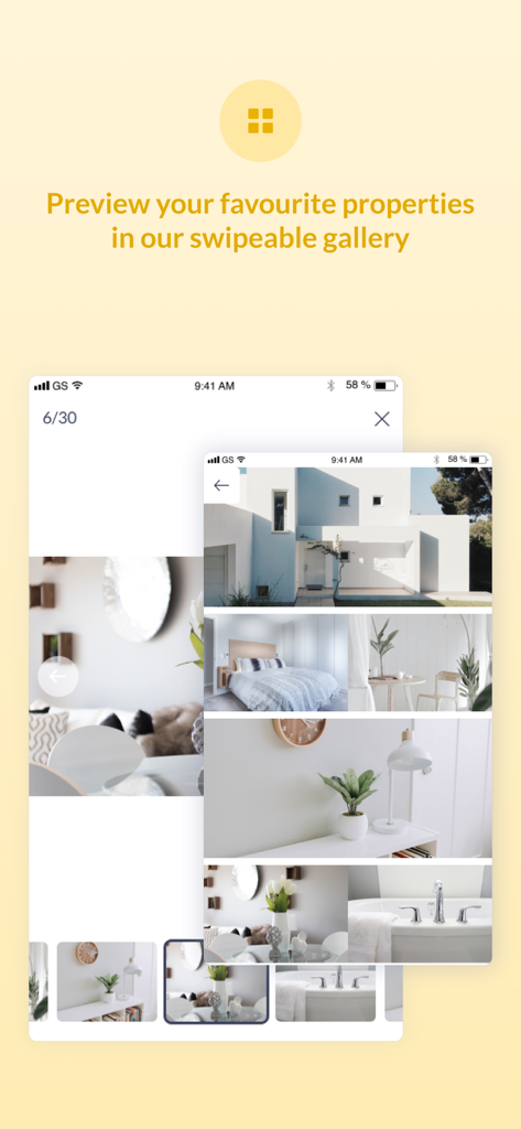 Galeria de fotos de propriedades deslizáveis no aplicativo Localizador de Imóveis mostrando vistas internas e externas da casa