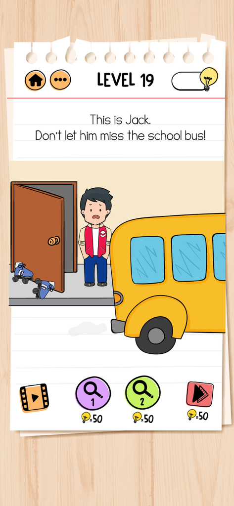 Brain Test 2: Tricky Stories - Um nível de quebra-cabeça complicado no Brain Test 2 onde Jack deve pegar o ônibus escolar.