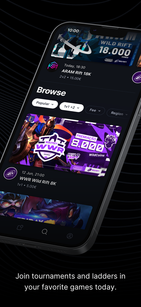 Screenshot of the Challengermode mobile app showing available gaming tournaments and prize pools.