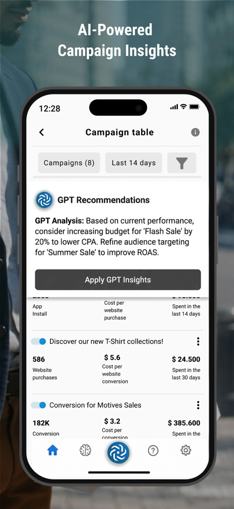 Advertising GPT Business - Panel de la aplicación móvil que muestra análisis de campañas impulsados por IA y recomendaciones GPT para publicidad empresarial
