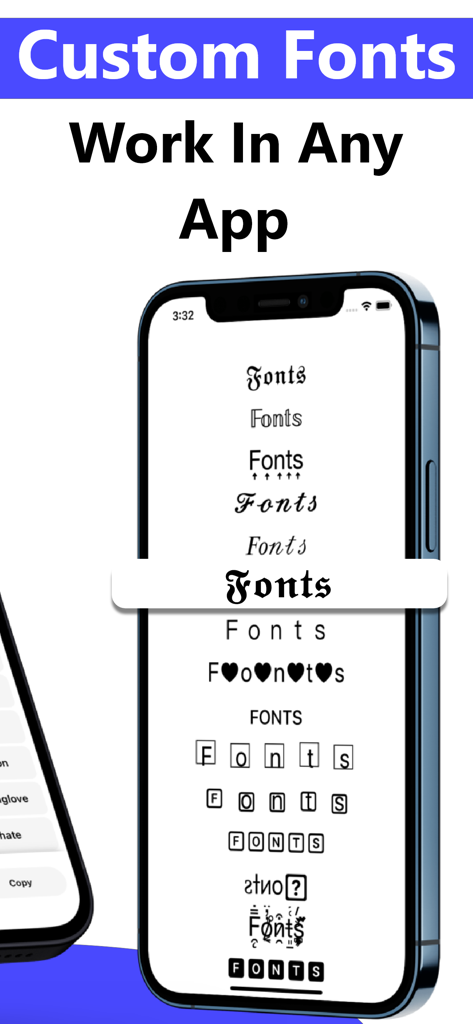 Schermata dell'iPhone che mostra vari stili di font personalizzati creativi e decorativi per i post sui social media