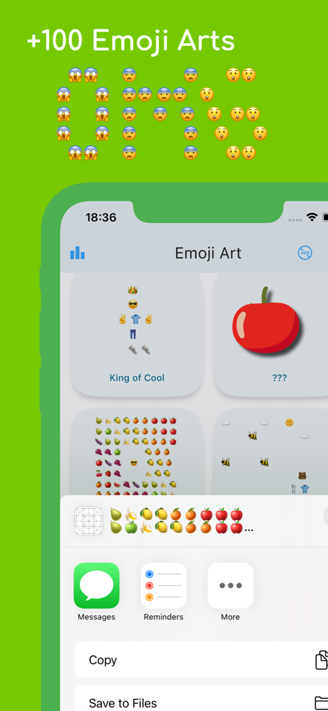 Emoji Art: Copy, Paste Designs - Pantalla de la aplicación móvil Arte Emoji mostrando patrones de emoji como Rey de lo Genial y diseños de frutas con una opción para copiar a mensajes.