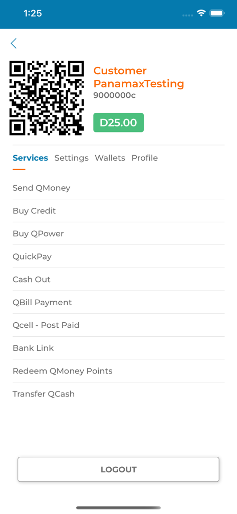 QMoney - Customer - QMoney app services menu displaying options for money transfer, airtime credit, and bill payments with a personal QR code
