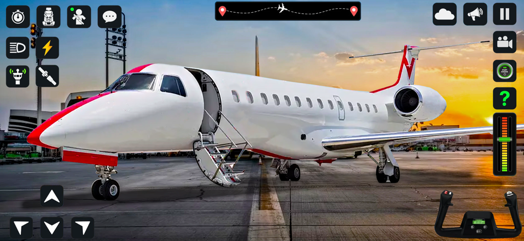 A white and red private jet parked on a runway at sunset in a flight simulator game with pilot controls and UI icons