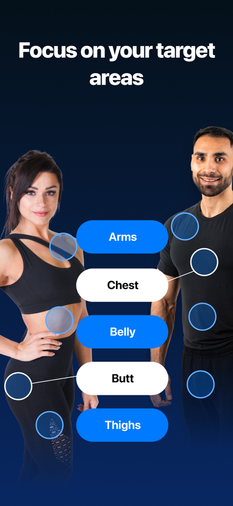 Fitify app interface showing options to select target body areas like arms chest belly butt and thighs for personalized workouts