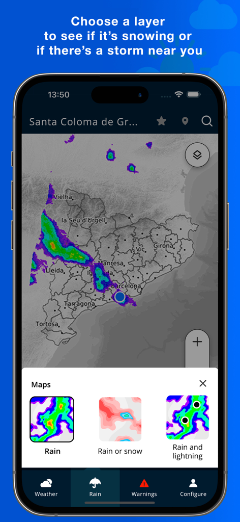 L'application METEOCAT affichant une carte radar météorologique de la Catalogne avec des couches sélectionnables pour la pluie, la neige et les éclairs