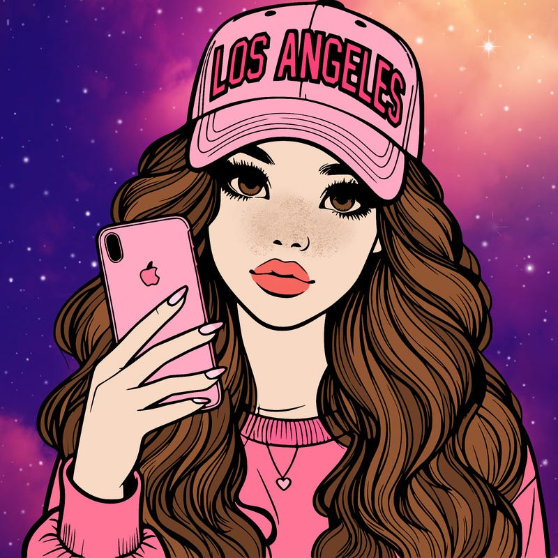 realistic beautiful girl wearing los ángeles cap holding an iphone