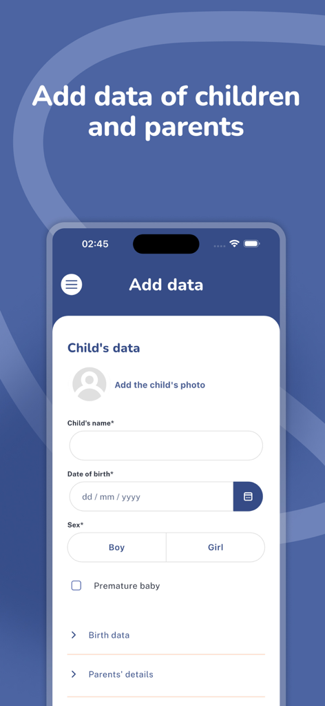 Antek - monitor child’s growth - Interfaccia per l'aggiunta di un profilo bambino con nome, data di nascita e sesso nell'app Antek