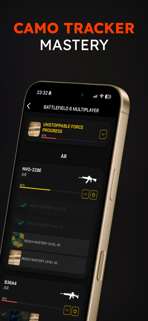 Battlefield 6 Meta and Stats - Battlefield 6 BFHUB Camo Tracker Bildschirm, der den Fortschritt des Meisterschaft-Levels für verschiedene Waffen zeigt