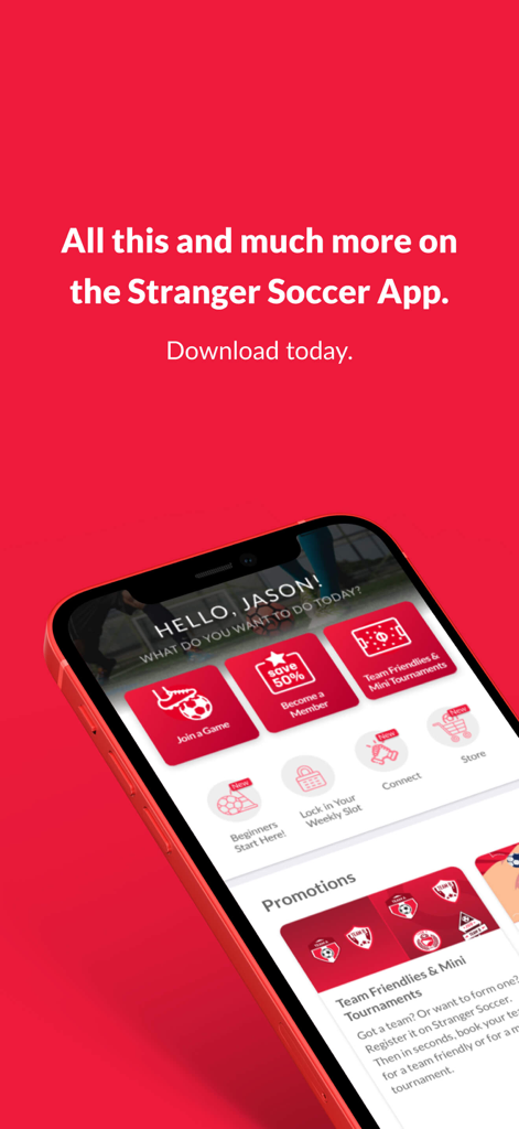 Interfaccia dell'app mobile Stranger Soccer su un display di smartphone che mostra le opzioni di prenotazione delle partite e di abbonamento.