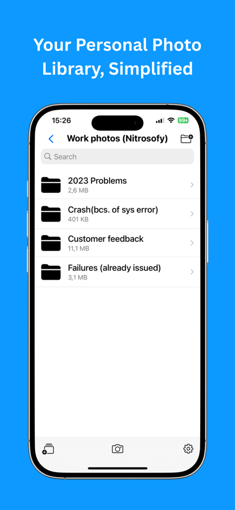 iPhone上の整理された仕事用写真フォルダーを表示するアプリインターフェース