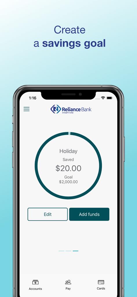Reliance Bank - Reliance Bank mobile app savings goal tracker interface