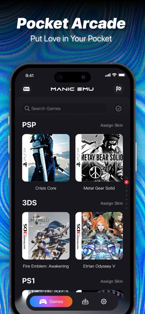 Manic EMU - Game Emulator - Interface de l'application Manic EMU affichant une bibliothèque de jeux rétro pour les consoles PSP et 3DS