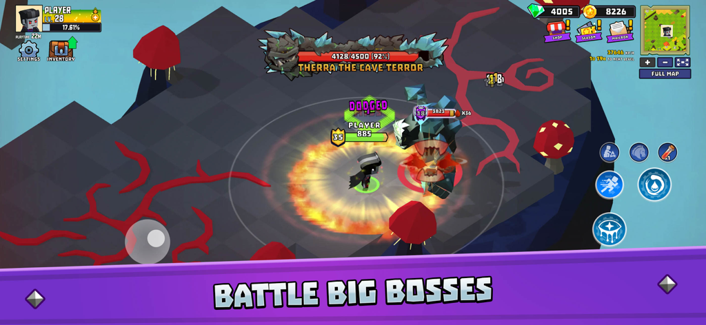 Hunters Origin - A player character battling Therra the Cave Terror boss in Hunters Origin mobile ARPG