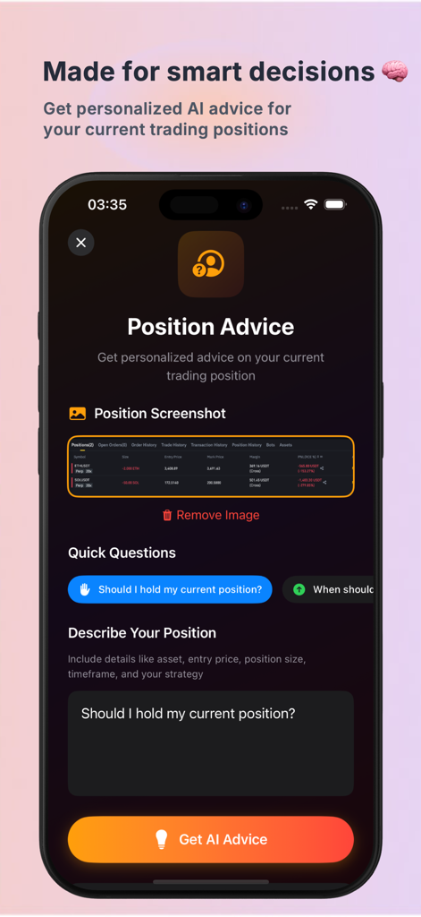 AI Trade Advisor - AI Trade Advisor mobile app interface for personalized trading position analysis.