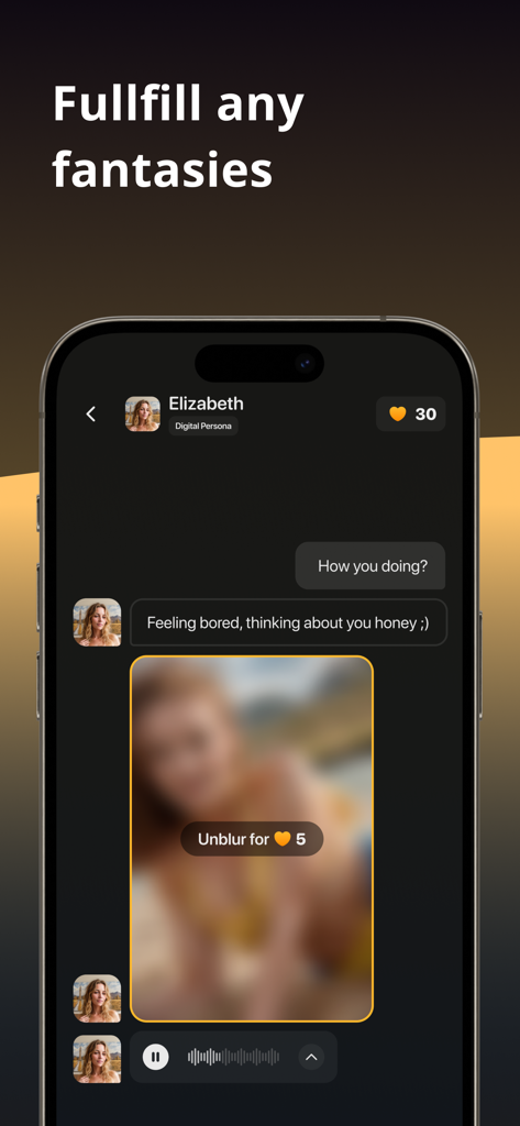 Romantic AI Girlfriend Chat - Una interfaz de chat en la aplicación Romantic AI con una conversación coqueta con una persona digital y una opción de foto borrosa.
