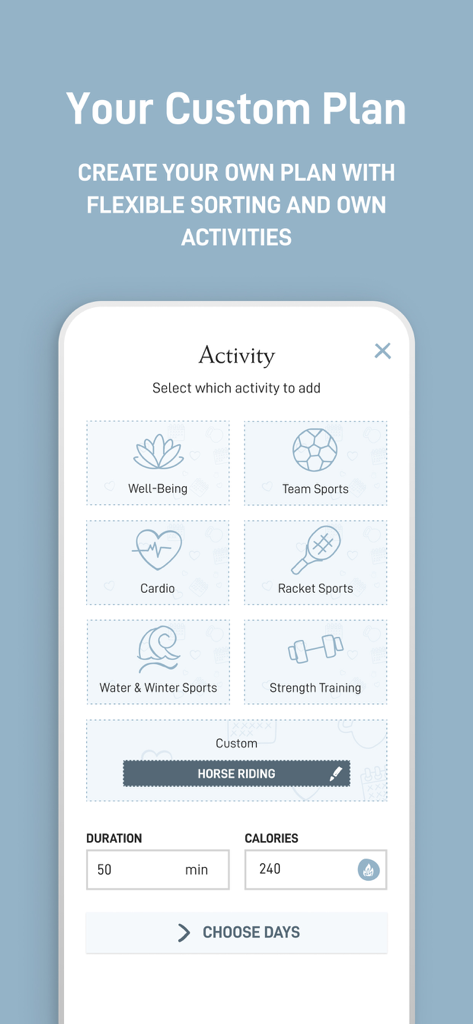 Pam Fitness & Food - A screen from the Pam Fitness and Food app where users can create a custom workout plan by selecting different activity types