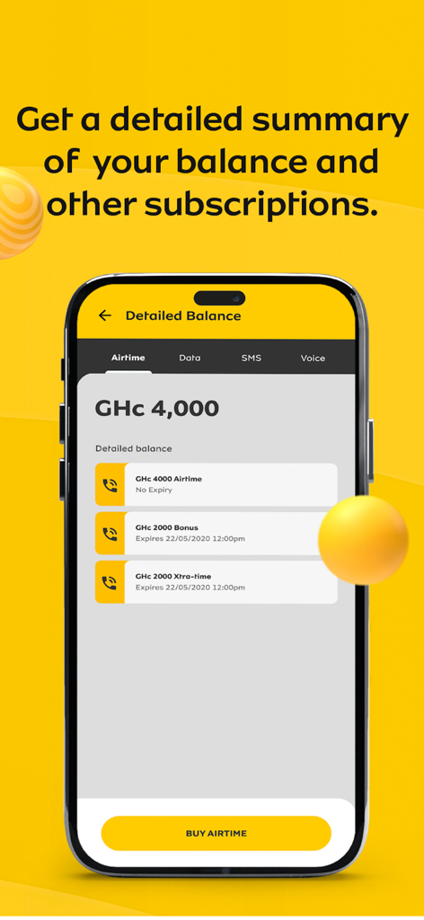 My MTN Ghana - Screenshot of the My MTN Ghana app showing a detailed summary of airtime balance